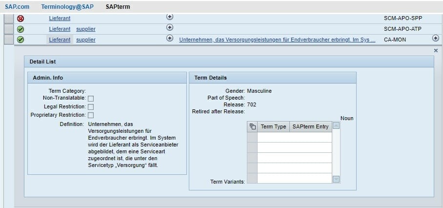 Details screen of the selected term in SAPterm